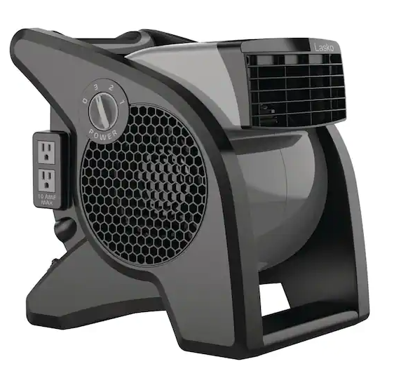 Lasko 11.2 in. 3 Speeds Blower Fan in Gray with Carry Handle, Circuit Breaker, Power Outlets, High Velocity Utility Pivoting