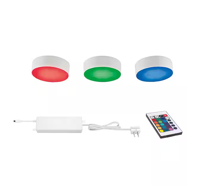 Commercial Electric Plug-in 3-Light LED RGBW Puck Light with Color Changing
