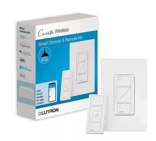 Lutron Caseta Smart Dimmer Switch and Remote Kit for Wall and Ceiling Lights, 150-Watt LED Bulbs (P-PKG1W-WH-R)