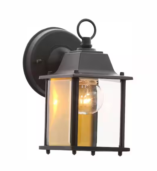 Hampton Bay 8.19 in. Black Decorative Hardwired Outdoor Wall Light Lantern Coach Sconce with Clear Glass Shade and No Bulb Included