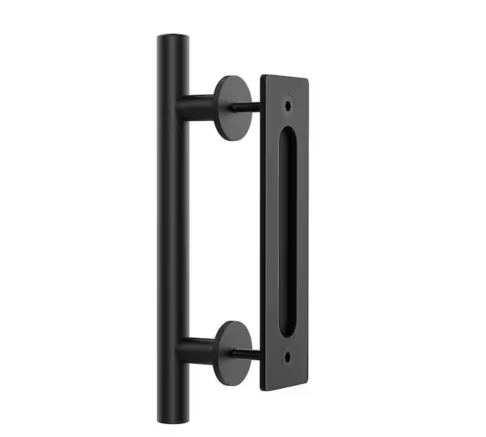 WINSOON 12 in. L Modern Rustic Frosted Black Sliding Barn Door Handle Pull and Flush Hardware Set