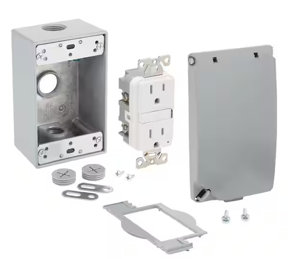 CE 1-Gang Metal Weatherproof Electrical Box, Cover and GFCI Kit (24-in-1 Configurations), Gray