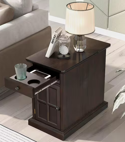 Harper & Bright Designs 14 in. Antique Espresso Rectangle Solid Wood End Table Side Table with USB Ports, Drawer, Cup Holders, No Assembly Need