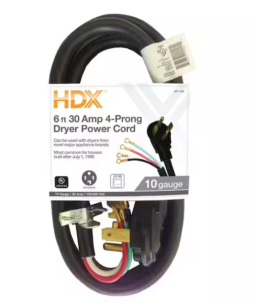 HDX 6 ft. 10/4 30 Amp 4-Prong Dryer Power Cord, Grey