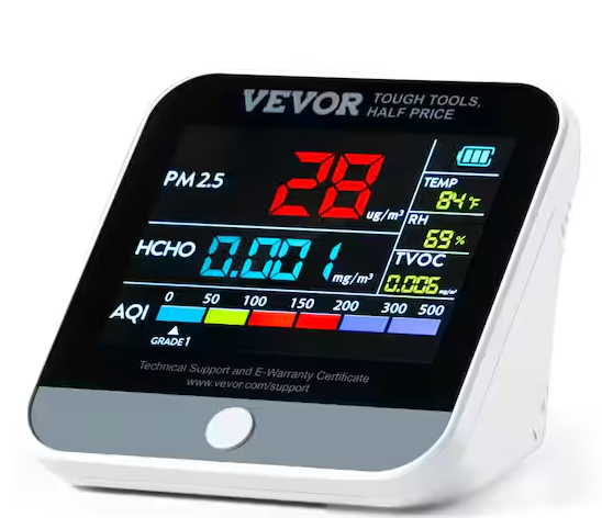 VEVOR Air Quality Monitor 8 in. PM2.5 Particle Counter, Formaldehyde Temperature Humidity TVOC AQI Tester Air Quality Meter