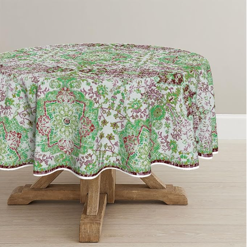 Bohemia Style Tablecloth 70×70 Inch Round, Green Vintage, Rustic