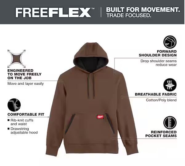 Men's Large Brown Midweight Cotton/Polyester Long-Sleeve Pullover Hoodie