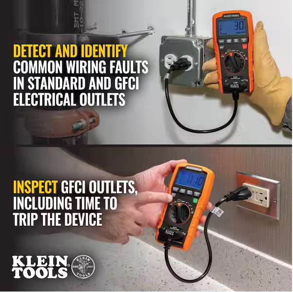 Klein Tools Digital Multi-Tester with Receptacle Tester (Standard/GFCI), Auto-Ranging Digital Multimeter (ET270)