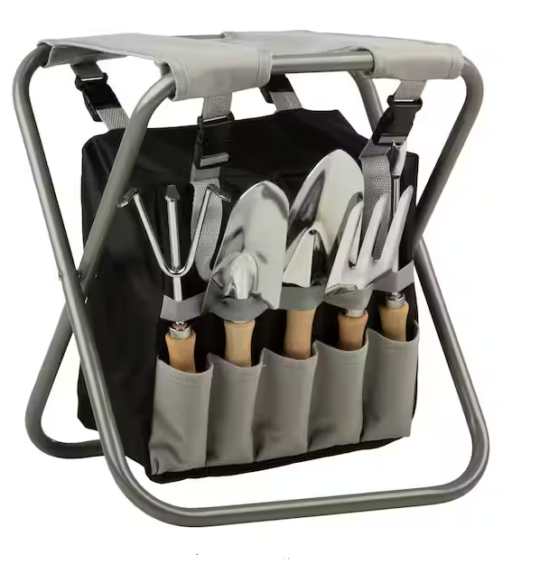Gray Metal Garden Stool - Garden Tools Set - 5-Gardening Tools