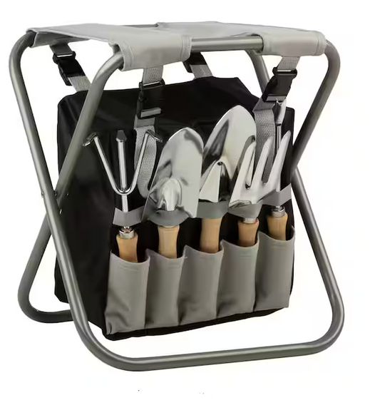 Gray Metal Garden Stool - Garden Tools Set - 5-Gardening Tools