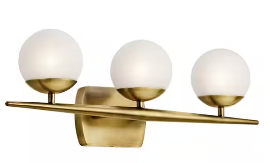 Kichler Jasper 24.5 in. 3-Light Natural Brass Halogen Mid-Century Modern Bathroom Vanity Light with Etched Glass Shade