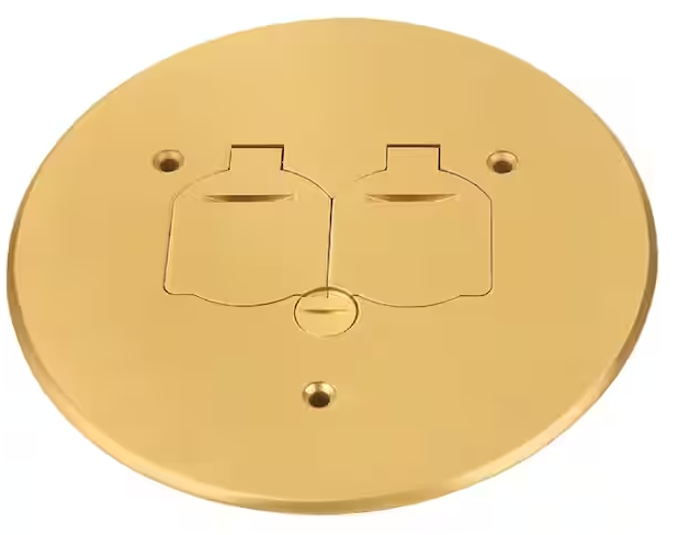 Newhouse Electric Low-Profile Round Floor Box Outlet Cover with 15A TR Duplex Receptacle and 2 Lift Lids, Brass