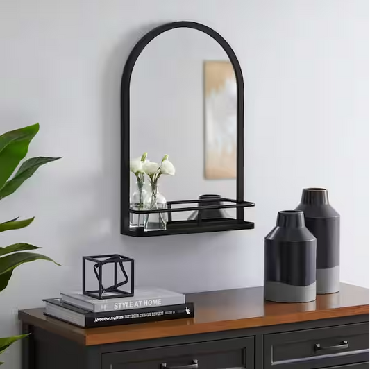 HDC Medium Modern Arched Black Framed Mirror with Shelf (16 in. W x 24 in. H)