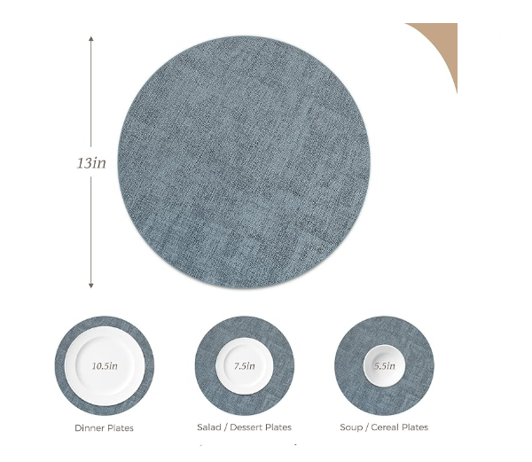 Round Placemats Set of 4, Reversible Faux Leather Heat Resistant , Light Blue