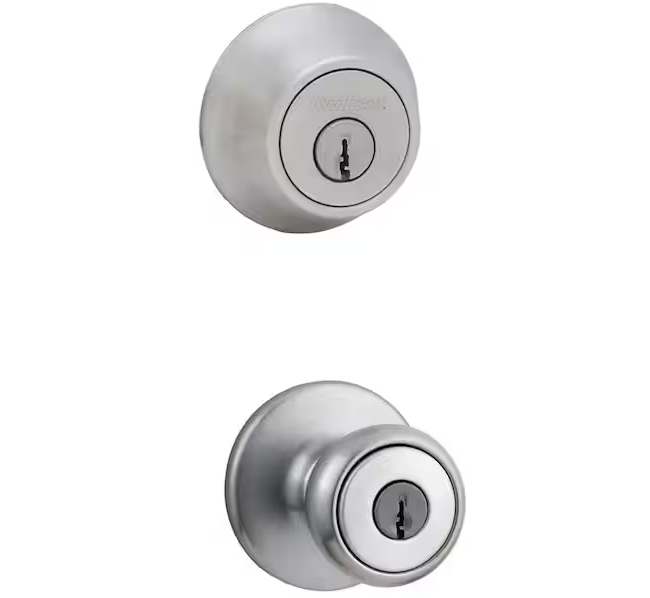 Tylo Satin Chrome Entry Door Knob and Single Cylinder Deadbolt Knob Combo Pack