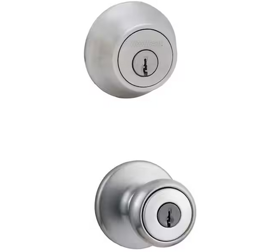 Tylo Satin Chrome Entry Door Knob and Single Cylinder Deadbolt Knob Combo Pack