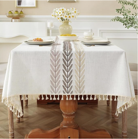 Cotton Linen Tablecloth, Square Table, Beige, Wine Leaf, 55x55 Inch