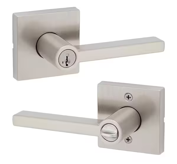 Kwikset Halifax Square Satin Nickel Keyed Entry Door Handle Lever Featuring SmartKey Security