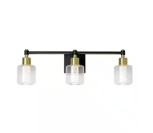 Champagne Globe 26 in. 3 Light Black & Gold Modern Integrated LED 5 CCT Vanity Light Bar for Bathroom with Bubble Glass
