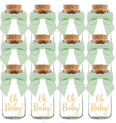 Ethisa Small 12 Pack Oh Baby Woodland Milk Glass Bottles with Ribbons and Stickers - Vintage Baby Shower Favors for Guests and Table Centerpieces - Gender Neutral Eucalyptus Decorations - Safari Theme