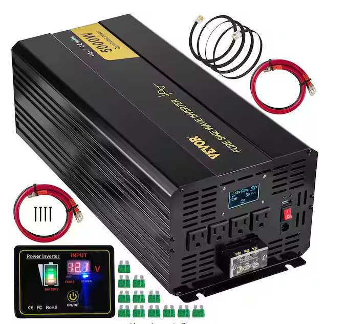 Vevor 5000-Watt DC 12V to AC 120V Pure Sine Wave Inverter Car Converter w/ LCD Display USB Port Remote Controller for Car RV