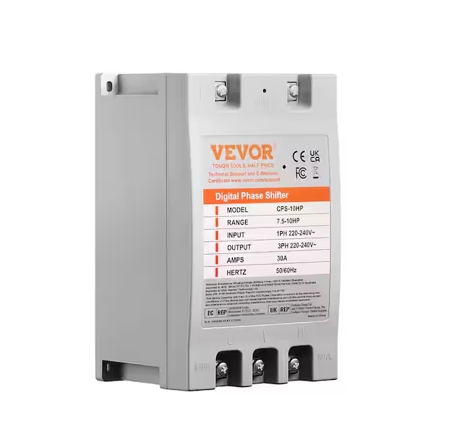 Vevor 3 Phase Converter 10HP 30 Amp 220-Volt 1 Phase to 3 Phase Digital Phase Shifter for Residential and Light Commercial Use