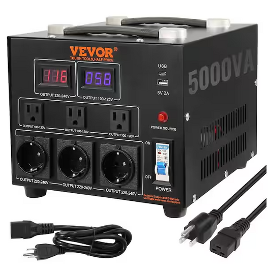 VEVOR Voltage Converter Transformer 5000-Watt Up/Down Transformer 110V/220-Volt with US/EU Outlet 5-Volt USB Port CE Certified