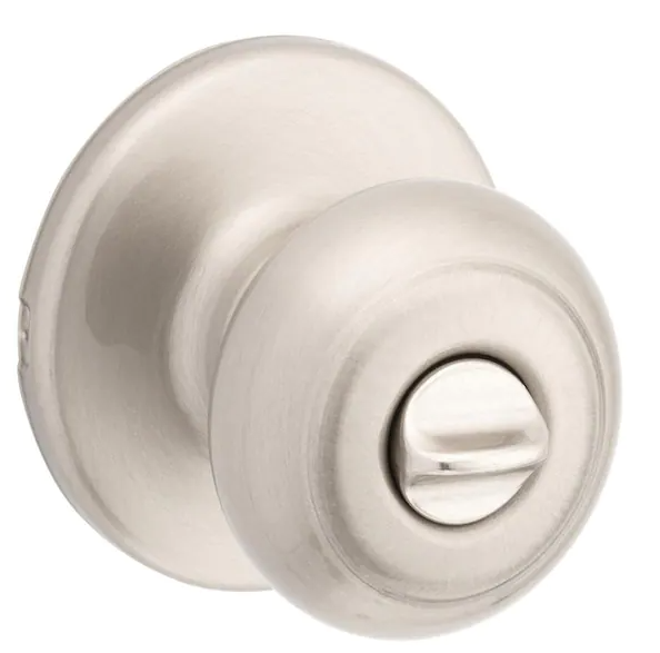 Kwikset Cove Satin Nickel Privacy Door Knob with Lock for Bedroom or Bathroom featuring Microban Technology