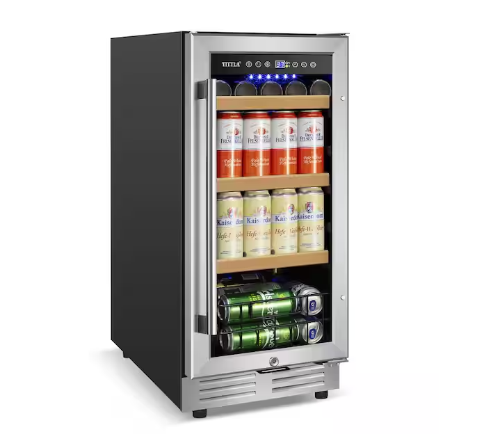 TITTLA 15 in. 130-Can Freestanding and Built-In Beverage Cooler Fridge with Adjustable Shelves - Stainless Steel