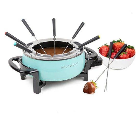 Nostalgia 12-Cup Electric Fondue Pot Set  8 Color-Coded Forks, Aqua