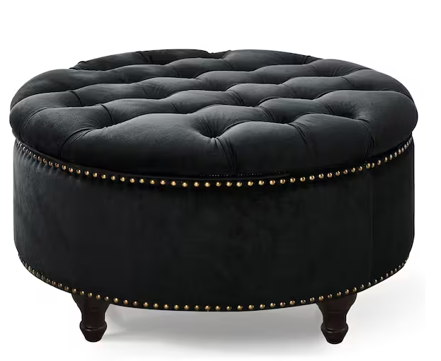 Nathaniel Home SIDA 30 in. Round Storage Ottoman, Modern and Luxury Velvet Style, Nail Head Tufted Seating, Footrest Stool Bench, Black