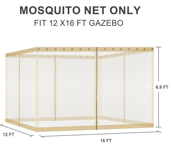 12 ft. x 16 ft. Universal Replacement Mosquito Netting for Patio Gazebos with Zippers (Mosquito Net Only)-Khaki