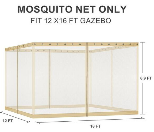 12 ft. x 16 ft. Universal Replacement Mosquito Netting for Patio Gazebos with Zippers (Mosquito Net Only)-Khaki