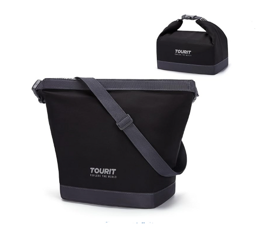 TOURIT Lunch Bag with Buckle Durable Wide-Open Foldable Lunch Tote Black