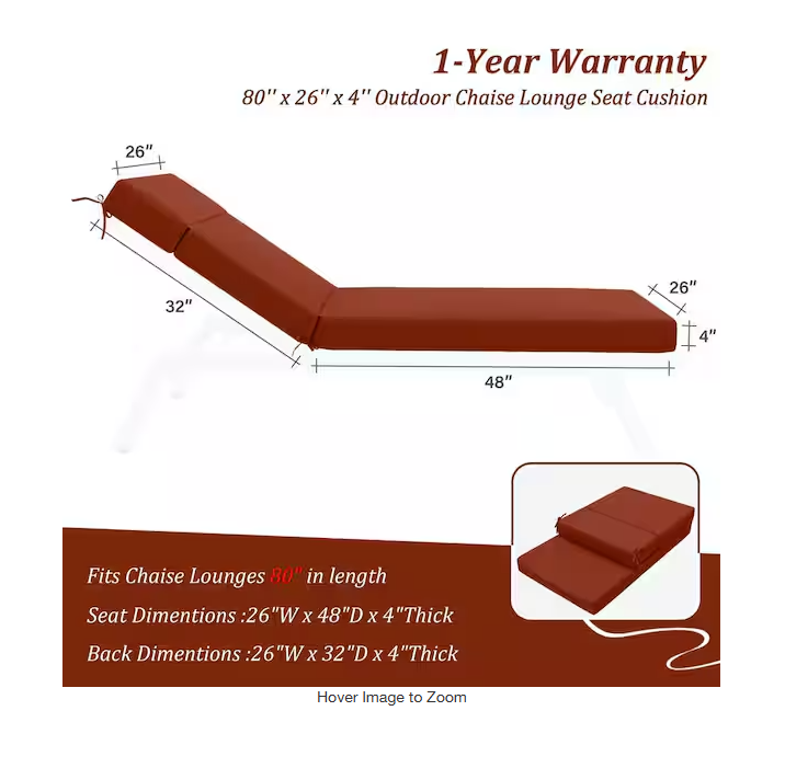 80 in. x 26 in. x 4 in. Outdoor Water-Resistant Replacement Chaise Lounge Seat Cushion Terra Red