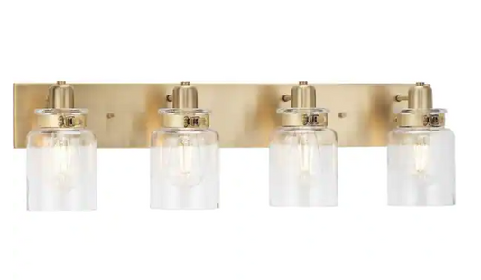 Progress Lighting Calhoun Collection 30-1/4 in. 4-Light Gold Vintage Brass Clear Glass Farmhouse Urban Industrial Bathroom Vanity Light