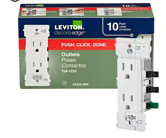 Leviton Decora Edge 15 Amp Tamper-Resistant Duplex Outlet, 10-Pack, White