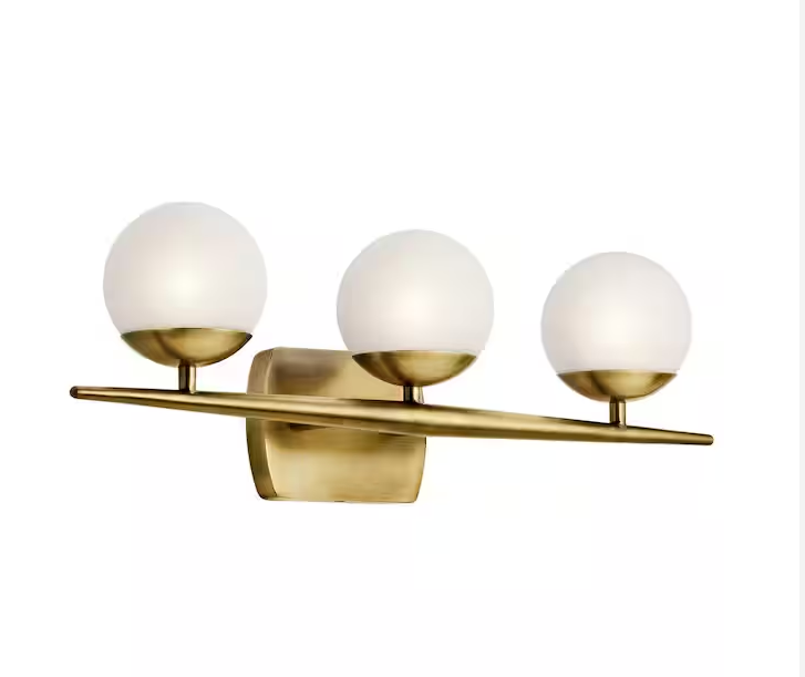 Kichler Jasper 24.5 in. 3-Light Natural Brass Halogen Mid-Century Modern Bathroom Vanity Light with Etched Glass Shade