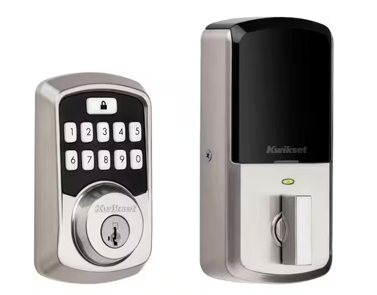Aura Satin Nickel Single Cylinder Electronic Bluetooth Keypad Smart Lock Deadbolt featuring SmartKey Security