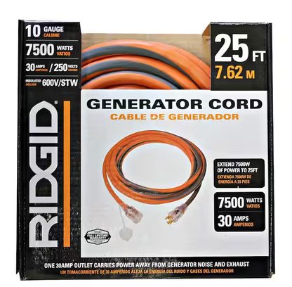 Ridgid 25 ft. 10/4 Heavy Duty Outdoor L14-30 Amp Generator Extension Cord with Lighted End, Orange/Grey