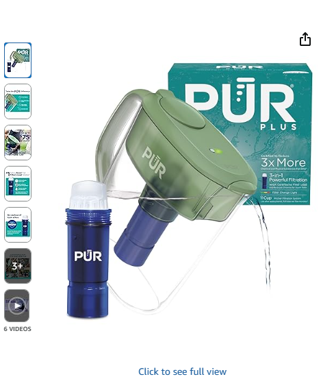 PUR Plus 11-Cup Water Pitcher, 1 Lead-Reducing Filter, Cleaner, Great-Tasting Water, Dishwasher Safe, Powerful Filtration, Filter Change Light Indicator, LockFit Cap Design - Sage