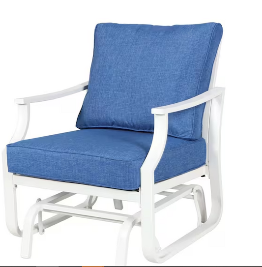 Hampton Bay Harbor Point White 2-Piece Metal Patio Conversation Set with CushionGuard Mariner Blue Cushions