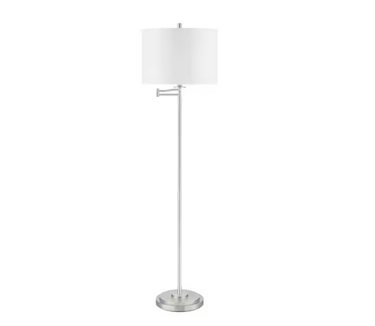 Hampton Bay Loring 59.75 in. Brushed Nickel Swing Arm Floor Lamp with White Fabric Shade