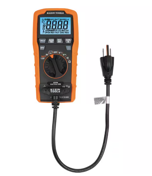 Klein Tools Digital Multi-Tester with Receptacle Tester (Standard/GFCI), Auto-Ranging Digital Multimeter (ET270)