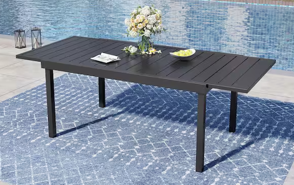 PHi VILLA Black Rectangle Metal Patio Outdoor Dining Table with Extension