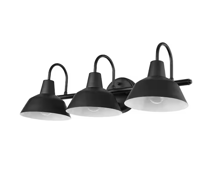 Globe Electric Barnyard 24 in. 3-Light Matte Black Vanity Light with White Interior Shades