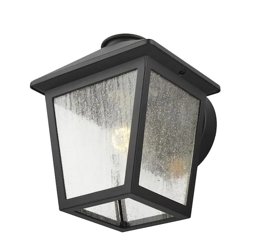 Malena 7.83 in. 1-Light Black Hardwired Outdoor Wall Light Lantern Sconce Light with Clear Seeded Glass