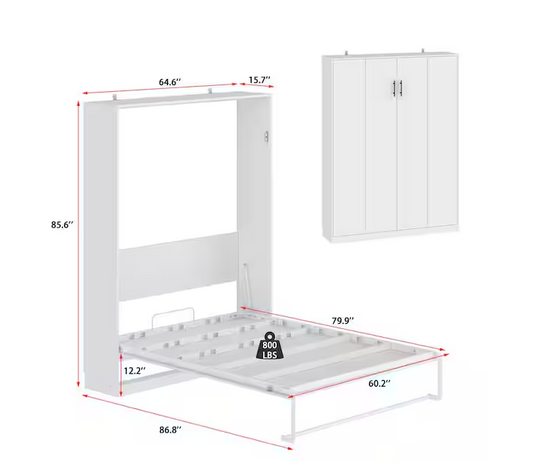 White Wood Frame Queen Size Bed Murphy Bed, Shaped LIKE Wardrobe, Hidden Bed, Pull Down to Expand