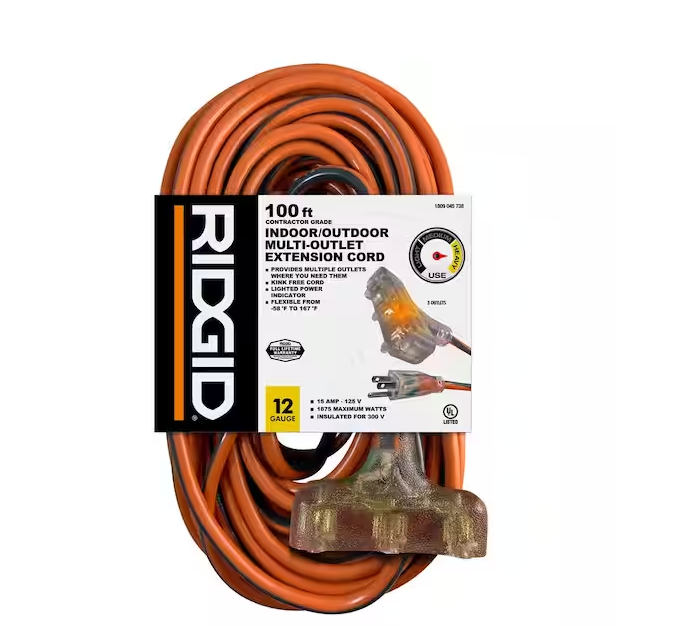 Ridgid 100 ft. 12/3 Heavy Duty Indoor/Outdoor Extension Cord with Tritap Lighted End, Orange/Grey