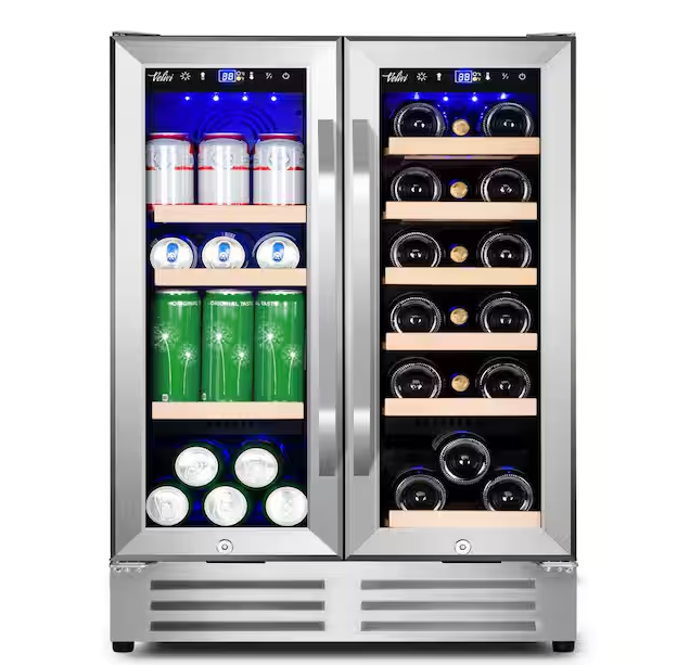 Velivi 24 in.Dual Zone 18-Wine Bottles and 88-Can Built-In and Freestanding with French Door Beverage Cooler in Stainless Steel